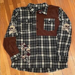 REASON Plaid Flannel Corduroy Patch Shirt Urban Goth Embroidered Skull Details